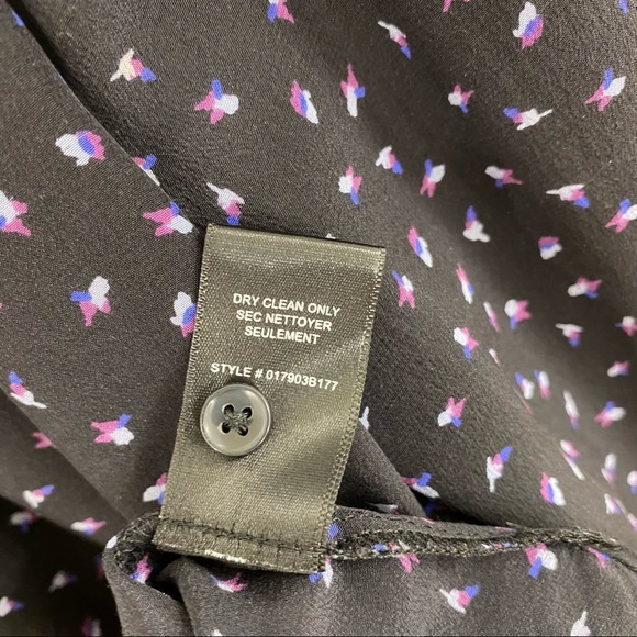 Rebecca Taylor Black Purple White Printed Silk Ruffle Detail Blouse Size 4 - Picture 6 of 9